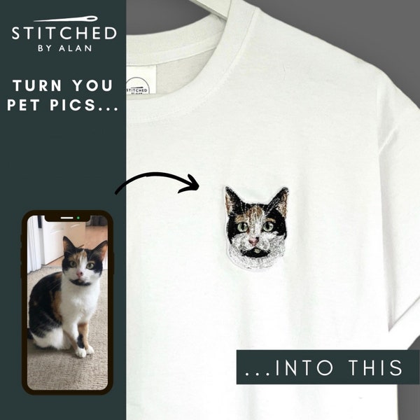 Custom Embroidery Pet Portrait T-shirt: Personalised Hand Embroidered Memorial Tee