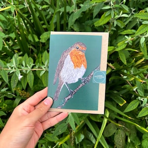 Bestickte Rotkehlchen / Vogel Fotografie Karte - Recycling Karte und Umschlag - Weihnachten, Feier, Grüße, Feiertagskarte - innen leer