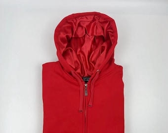 Zip Up Satin Lined Hoodie Unisex-Velvet Fleece-Thick-Red