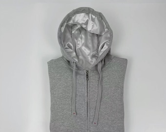 Zip Up Satin Lined Hoodie Unisex-Velvet Fleece-Thick-Gray