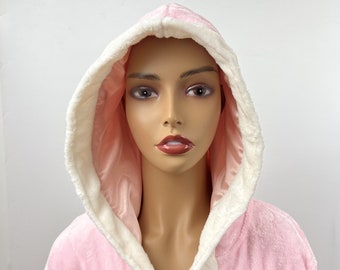 Satin Lined Robe-Unisex Warm Fleece Robe With Hood, Contrast Color Bathrobe Pink