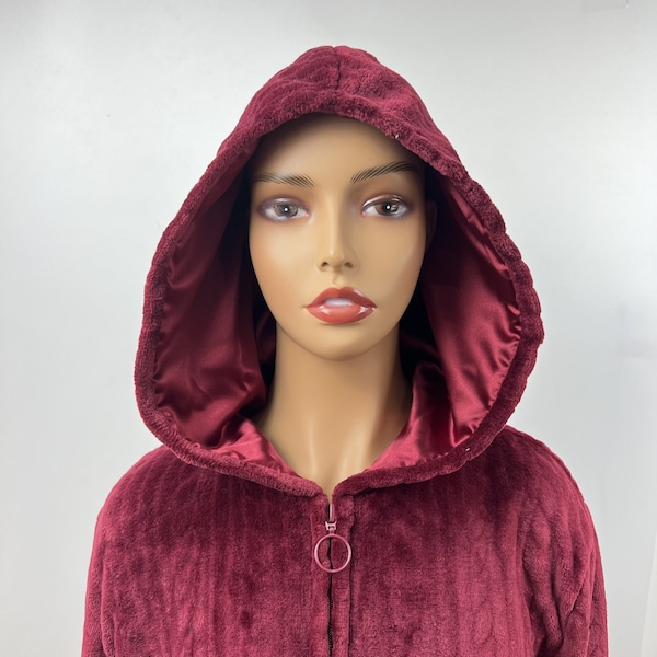 Satin Lined Robe-Women's Full Zip Up Fleece Robe, Warm Loose Zipper Bathrobe Wine Color