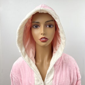 Satin Lined Robe-Unisex Warm Fleece Robe With Hood, Contrast Color Bathrobe Pink