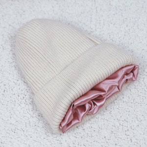 Satin Lined Knit Beanie Winter Hat Off White Color For Women