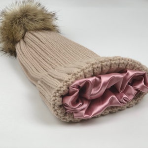Satin Lined Beanie For Winter With Detachable Pom Pom Bobble Women Ivory