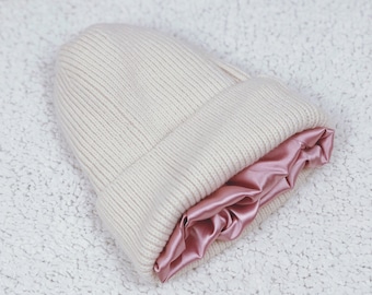 Satin Lined Knit Beanie Winter Hat Off White Color For Women