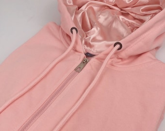 Satin Lined Hoodie Unisex-Thin Zipper Up-Tender Pink