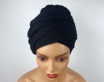 Satin Lined Pre-tied T shirt Cotton Headwrap Turban -Black