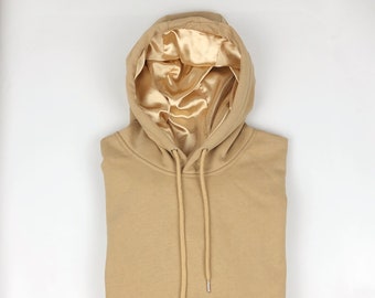 Satin Lined Hoodie Unisex-Thick-Khaki Color