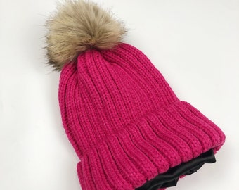 Satin Lined Beanie For Winter With Detachable Pom Pom Bobble-Hot Pink