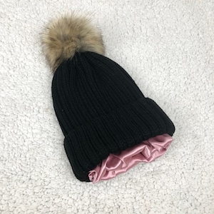 Satin Lined Beanie For Winter With Detachable Pom Pom Bobble Women Black