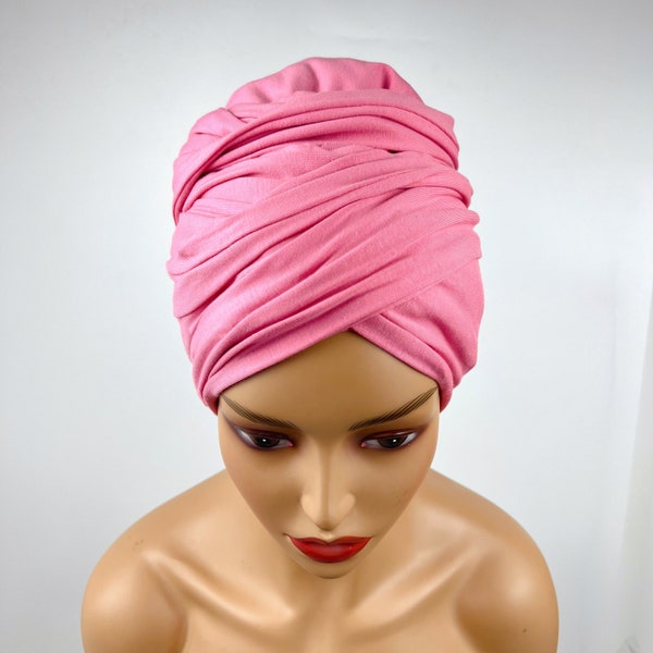Satin Lined Pre-tied T shirt Cotton Headwrap Turban -Rose Pink