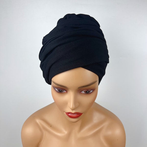 Satin Lined Pre-tied T shirt Cotton Headwrap Turban -Black