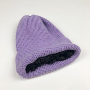 Satin Lined Knit Beanie Winter Hat Purple