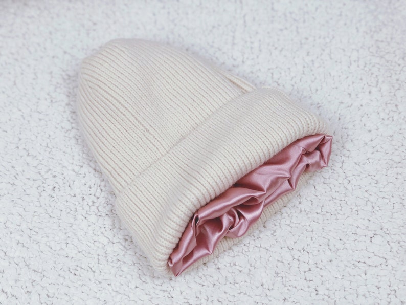 Satin Lined Knit Beanie Winter Hat Off White Color For Women image 1