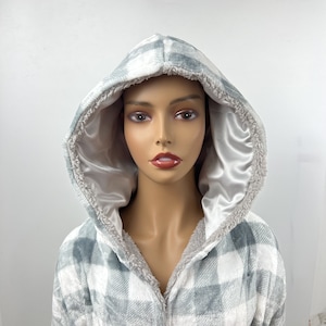 Satin Lined Robe-Unisex Fleece Hooded Gray Plaid Bathrobe - Plush Long Robe
