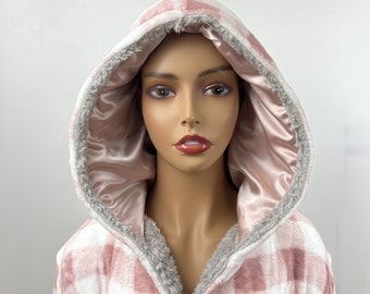 Satin Lined Robe-Unisex Fleece Hooded Pink Plaid Bathrobe - Plush Long Robe