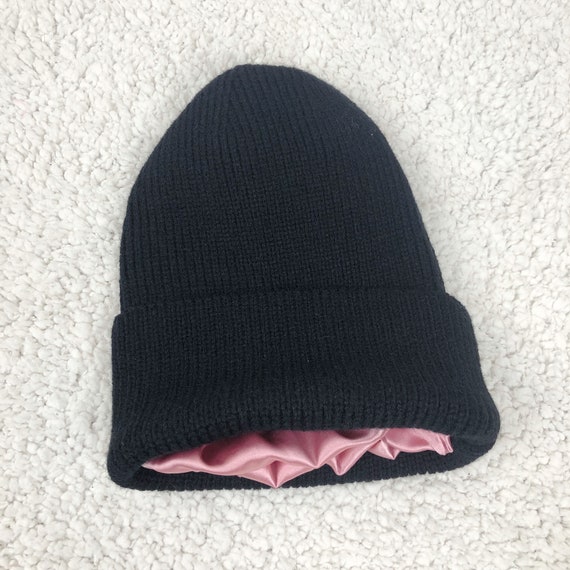 Satin Lined Knit Beanie Winter Hat Black 
