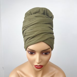 Satin Lined Pre-tied T shirt Cotton Headwrap Turban -Army Green