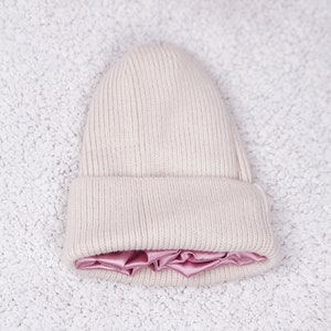 Satin Lined Knit Beanie Winter Hat Off White Color For Women image 3