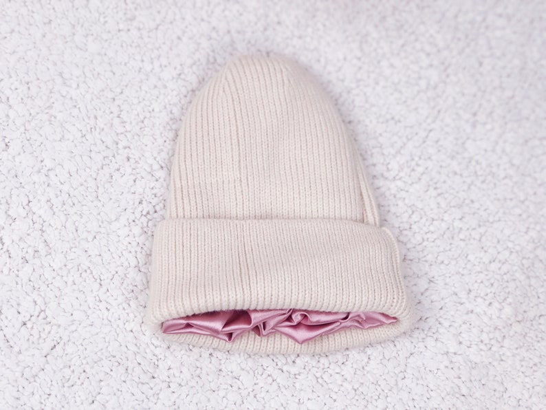Satin Lined Knit Beanie Winter Hat Off White Color For Women image 3