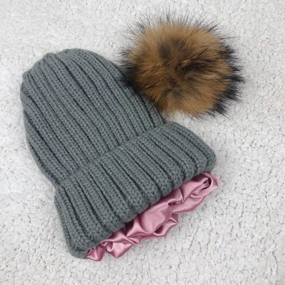 Women\'s Grey Winter Beanie Hat Satin Lined Faux Fur Pom Pom Beanies Hat Jamicy Womens Hats&nbsp;for Winter Clearance Warm Beanie Hat  main image 2
