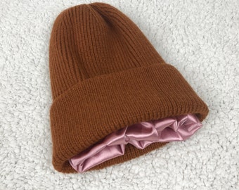 Satin Lined Knit Beanie Winter Hat Brown