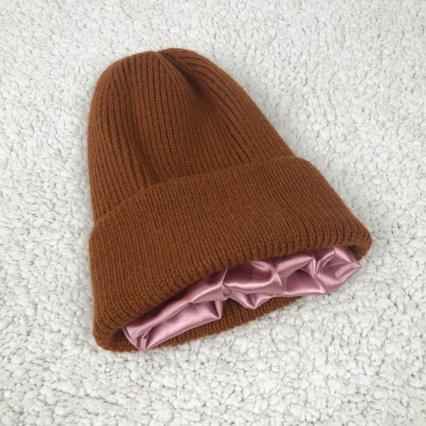 Satin Lined Knit Beanie Winter Hat Brown