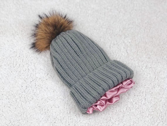 Women Satin Lined Knit Winter Hat Beanie With Detachable Removable
