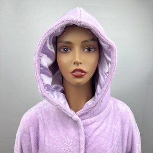 Satin Lined Robe-Women Fleece Hooded Purple Bathrobe - Plush Long Robe