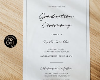 Minimalist Graduation Ceremony Invitation Template | Editable Digital Template | Corjl Graduation Announcement Invite