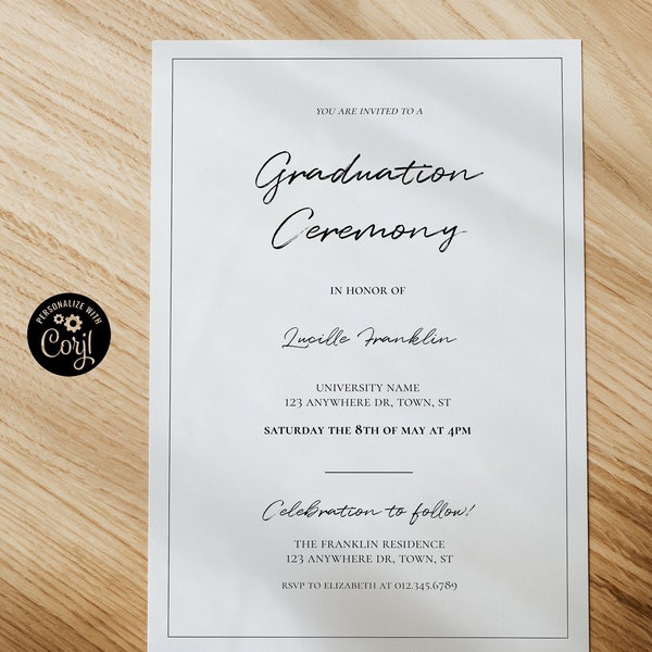 Minimalist Graduation Ceremony Invitation Template | Editable Digital Template | Corjl Graduation Announcement Invite