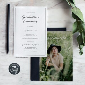 May include: A white graduation invitation with black text. The invitation is for a graduation ceremony in honor of Inpillo Franklin. The invitation includes the date, time, and location of the ceremony, as well as the location of the celebration to follow. A photo of a woman in a hat and a beige shirt is on a separate card with the text "Class of 2022 graduate".