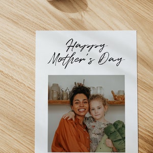 May include: A white card with the text "Happy Mother's Day" in black cursive script. A photo of a woman and a young girl smiling at the camera is below the text. The text "LOVE, Faith" is at the bottom of the card.
