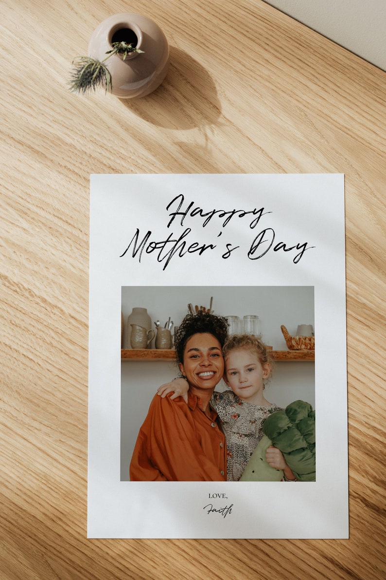 May include: A white card with the text "Happy Mother's Day" in black cursive script. A photo of a woman and a young girl smiling at the camera is below the text. The text "LOVE, Faith" is at the bottom of the card.