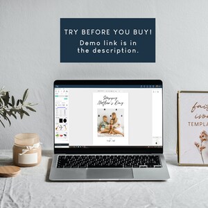 May include: A laptop computer displaying a design template for a Mother's Day card with a photo of a family. The text on the card says "Happy Mother's Day". A framed print with the text "faith ivon TEMPLATES" is on the right side of the image.