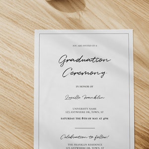 May include: A white graduation ceremony invitation with black text. The invitation is for Lucille Franklin's graduation ceremony, which will be held at University Name, 123 Anywhere Dr, Town, ST on Saturday, the 8th of May at 4 PM. A celebration will follow at The Franklin Residence, 123 Anywhere Dr, Town, ST. RSVP to Elizabeth at 012.345.6789.