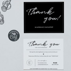 Puede incluir: Dos tarjetas de agradecimiento con fondo negro y texto blanco. La tarjeta superior dice "¡Gracias!" y "Agradecemos tu apoyo." La tarjeta inferior dice "¡Gracias por tu compra!" e incluye un código de descuento "THANKYOU20".