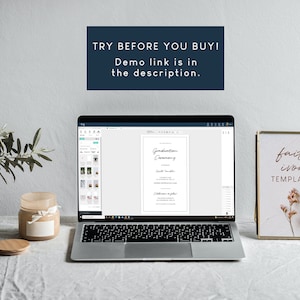 May include: A laptop computer displaying a graduation ceremony invitation template on the screen. A framed print with the text "faith ivon TEMPLATES" is on the right side of the image. The text "TRY BEFORE YOU BUY! Demo link is in the description." is displayed above the laptop.