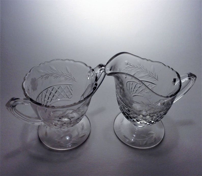 Vintage Cream and Sugar Set Floral Etched Glass Footed Sugar Etsy