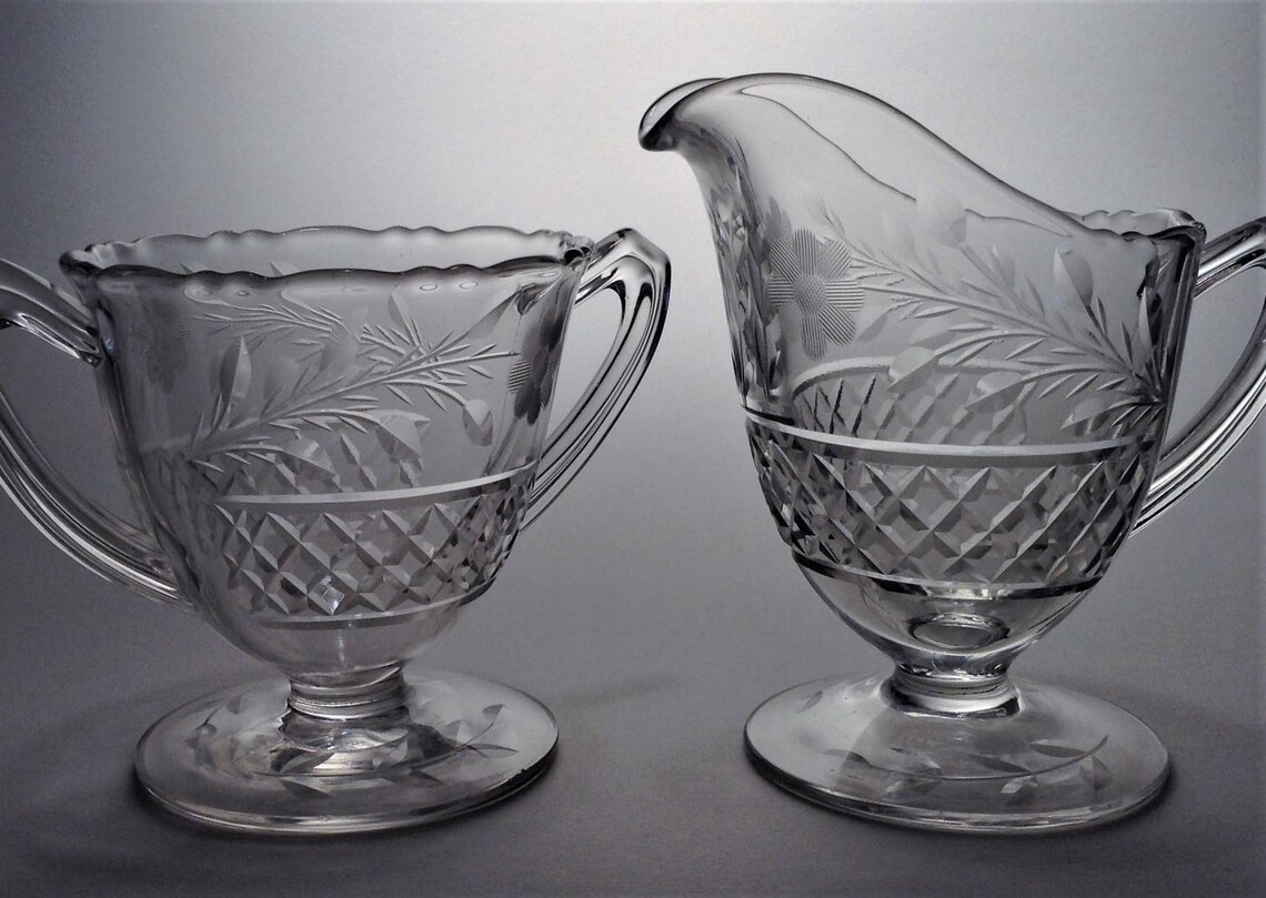 Vintage Cream and Sugar Set Floral Etched Glass Footed Sugar Etsy