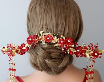 Red Gold Floral Hair Pin Tassel Set, Chinese Bridal Wedding 