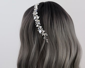 Silver Leaf Bridal Hair Vine: White Flower Wedding Headpiece