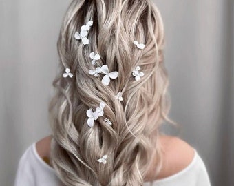 White Floral Bridal Hair Pins Set, Romantic Wedding Hair Accessories, Silver-Tone Sticks