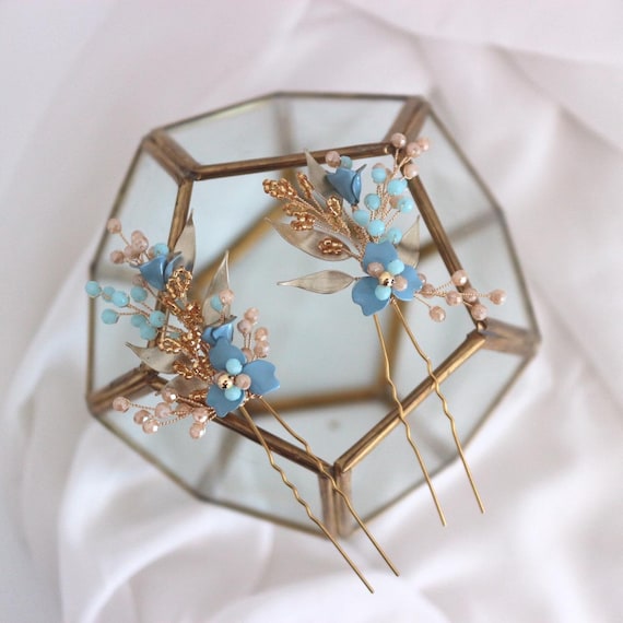Michael-Michaud Bridal Something Blue Floral Hair Piece with Gold-Tone Base Floral Hair Pins | Light Blue Rose Wedding Hair Clips | Gold  main image 2