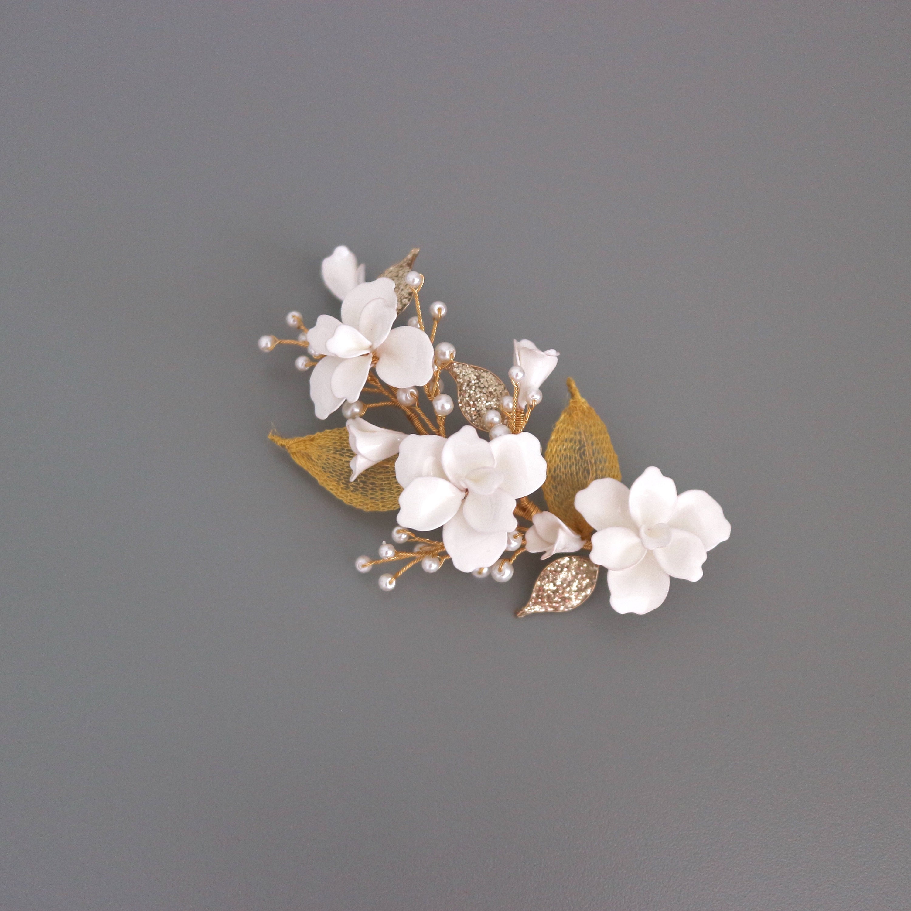White Flower and Gold Leaves Wedding Hairpiece Floral and - Etsy