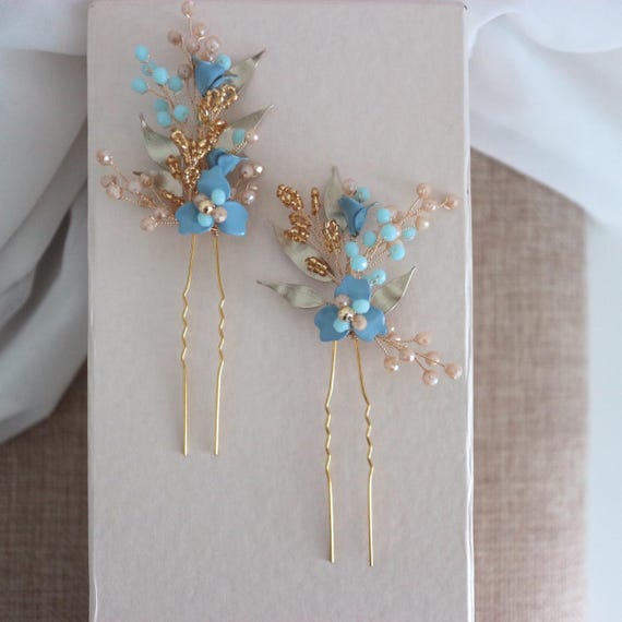 Something Blue Wedding Flower Hair Pins With Gold Leaves  display picture 1