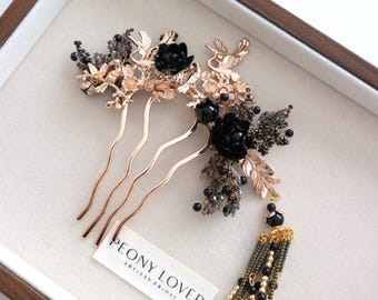 Classic black and gold Asian style hairpiece for Chinese Wedding Tea Ceremony