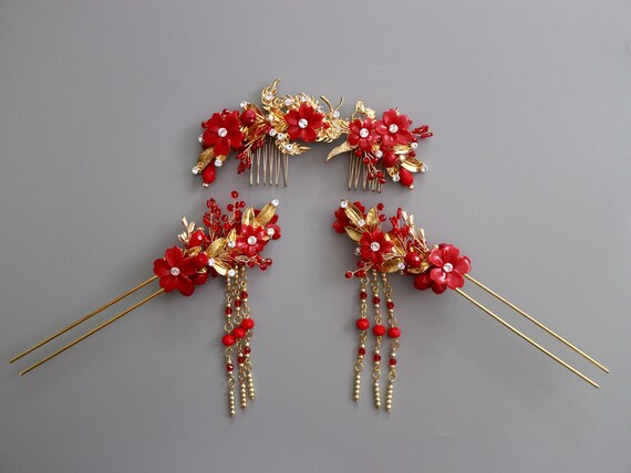 Red Gold Floral Hair Pin Tassel Set, Chinese Bridal Wedding  display picture 3