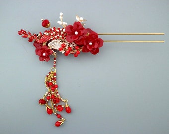Bride cheongsam Chinese wedding peacock hair stick in red with tassel, Traditional red flower Chinese bridal hair pin for Qi pao dress
